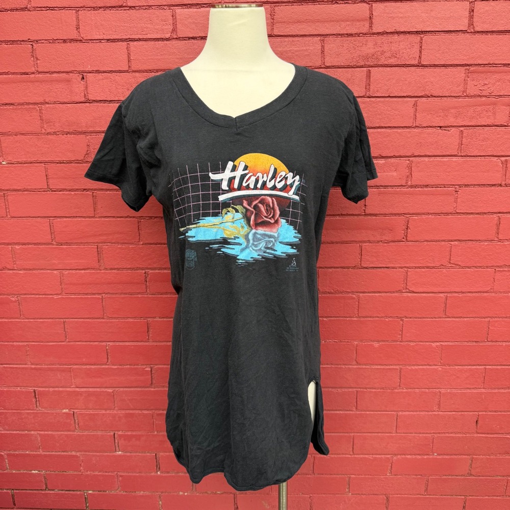 Vtg 1986 Harley Davidson 3D‎ Emblem Shirt Large Dress Rose Biker Grunge Grail
